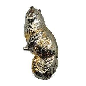 Vintage Long Hair Cat Brooch Gold Silver Tone Figural Textured